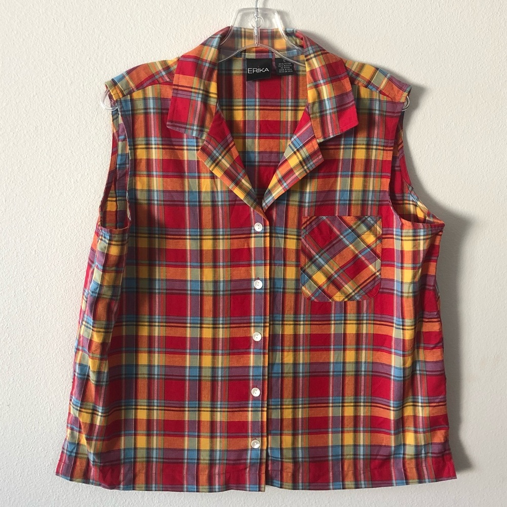 ERIKA sleeveless button up plaid top